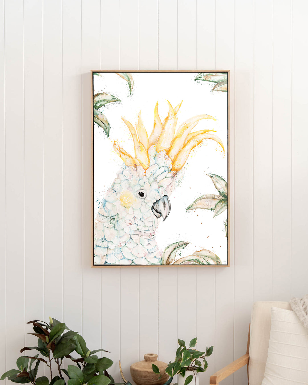 Lemon Sorbet – white cockatoo, framed canvas in oak float frame, styled in a hallway