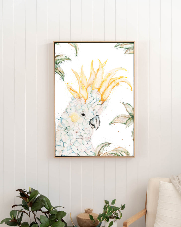 Lemon Sorbet – white cockatoo, framed canvas in oak float frame, styled in a hallway