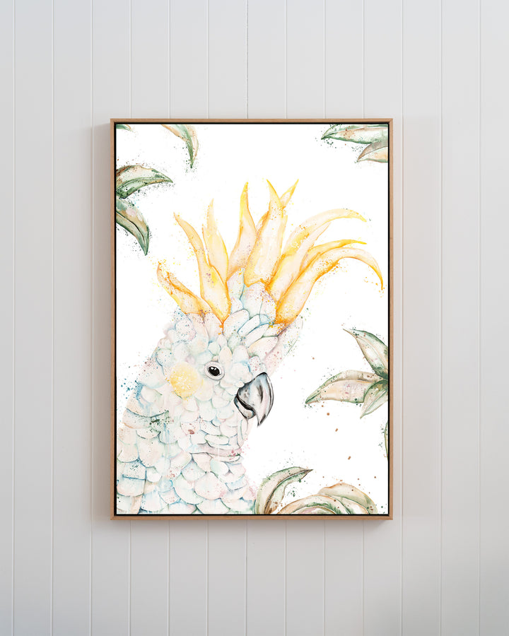 Lemon Sorbet – white cockatoo, framed canvas in oak float frame