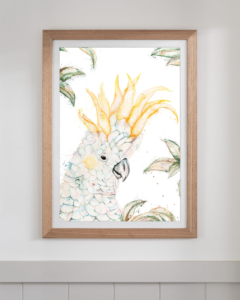Lemon Sorbet – white cockatoo, framed paper print in oak frame