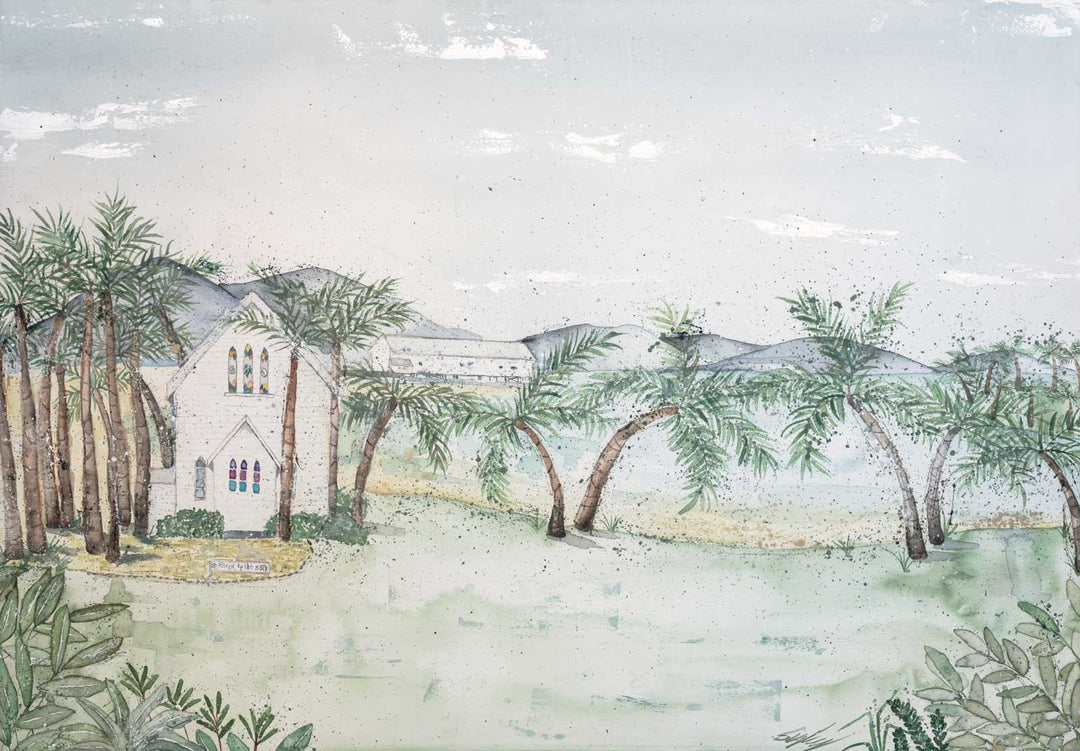 Let's Head There for Sunset – Close-up detail of landscape acrylic artwork of st marys by the sea and sugar wharf, Port Douglas on poly-cotton canvas | Unframed Rolled Print