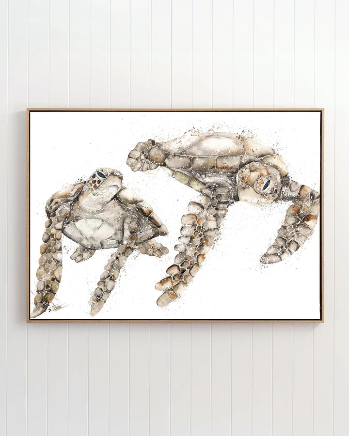 Life by Your Side green sea turtles fine art print by Stephanie Elizabeth, framed canvas in an oak frame