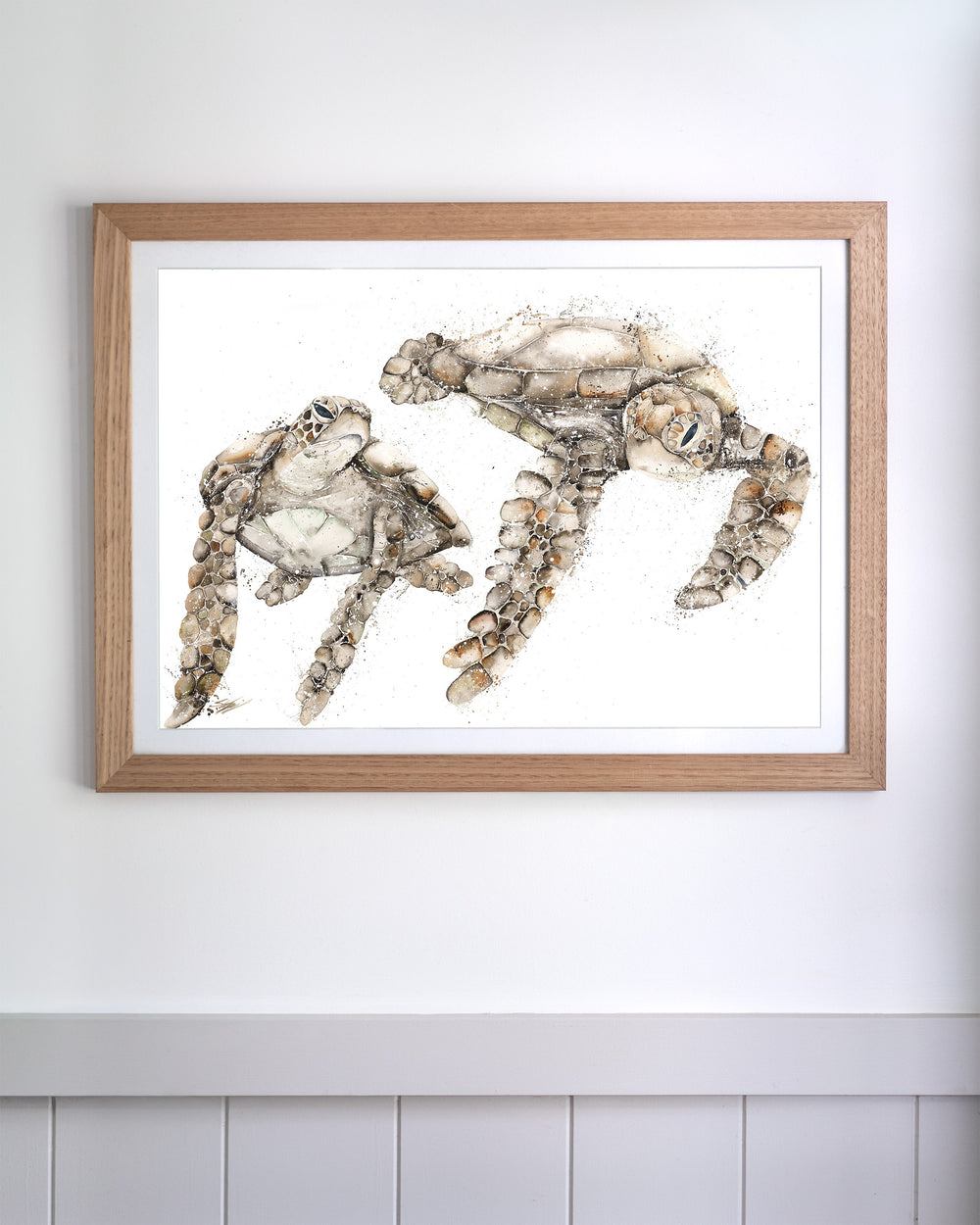 Life by Your Side – green sea turtles, framed paper print in oak frame