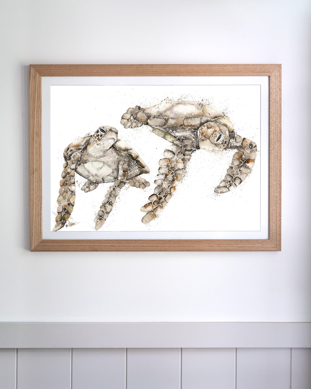 Life by Your Side green sea turtles fine art print by Stephanie Elizabeth, framed paper print in an oak frame
