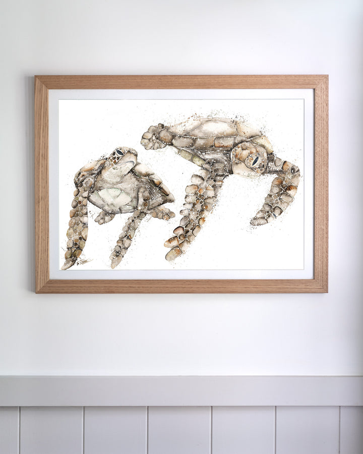 Life by Your Side green sea turtles fine art print by Stephanie Elizabeth, framed paper print in an oak frame