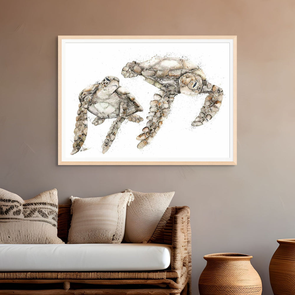 Life By Your Side by Stephanie Elizabeth – framed paper print of two sea turtles in deep brown tones, fine art marine life print