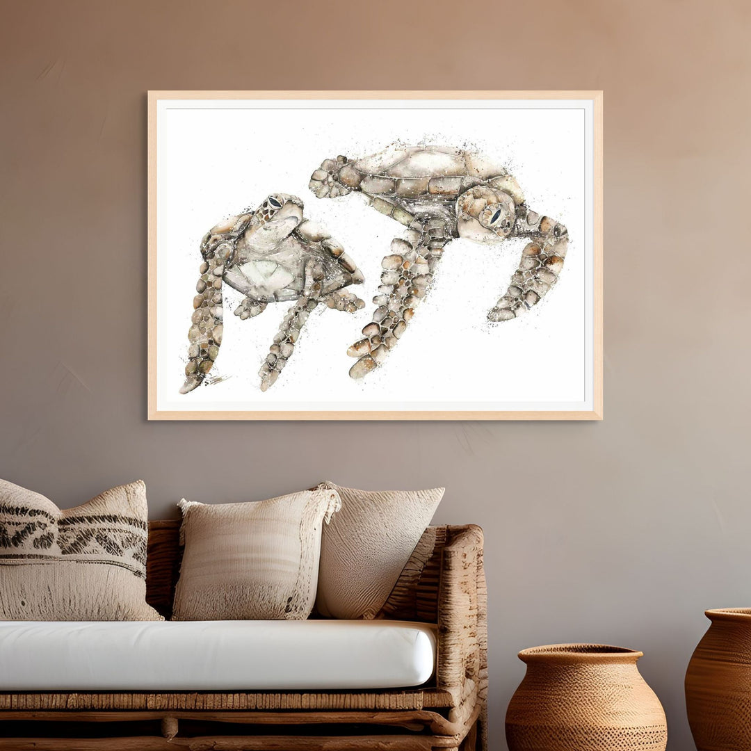 Life By Your Side by Stephanie Elizabeth – framed paper print of two sea turtles in deep brown tones, fine art marine life print