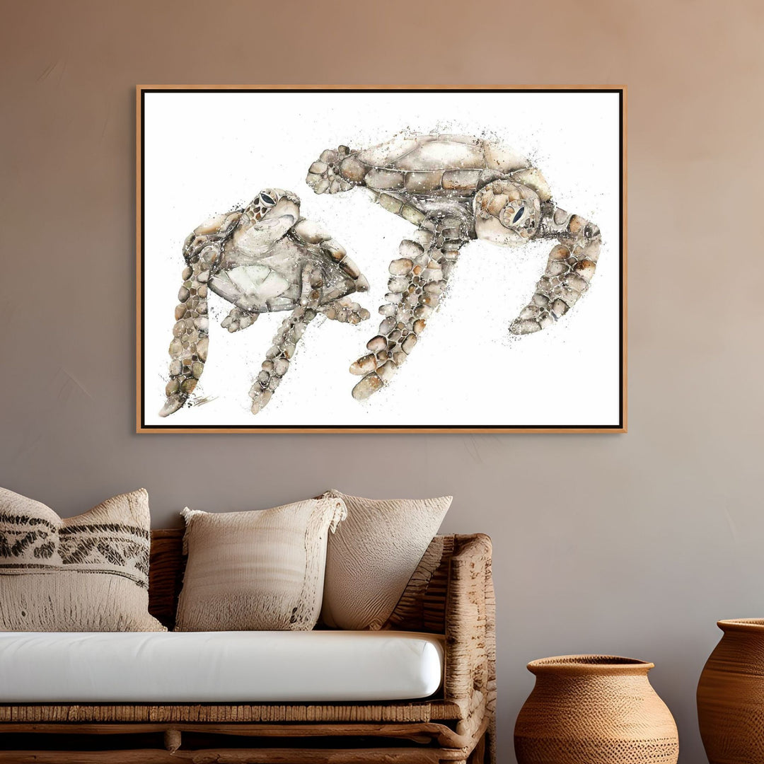 Life By Your Side by Stephanie Elizabeth – shadow box canvas print of two sea turtles together, earthy brown marine fine art artwork
