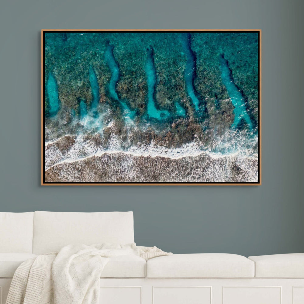 Life On The Edge – Aerial photograph of the Great Barrier Reef with waves crashing over coral formations, intricate reef patterns and turquoise waters | Shadow Box Canvas Print