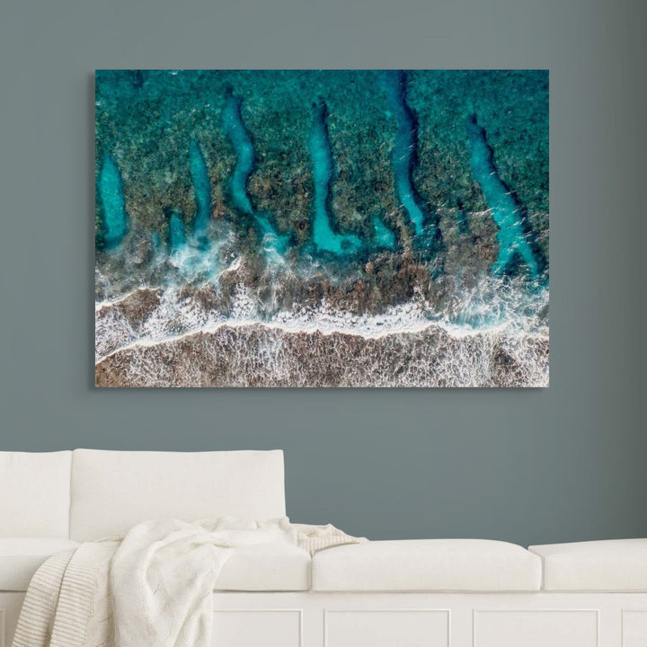 Life On The Edge – Aerial photograph of the Great Barrier Reef with waves crashing over coral formations, intricate reef patterns and turquoise waters | Stretched Canvas Print