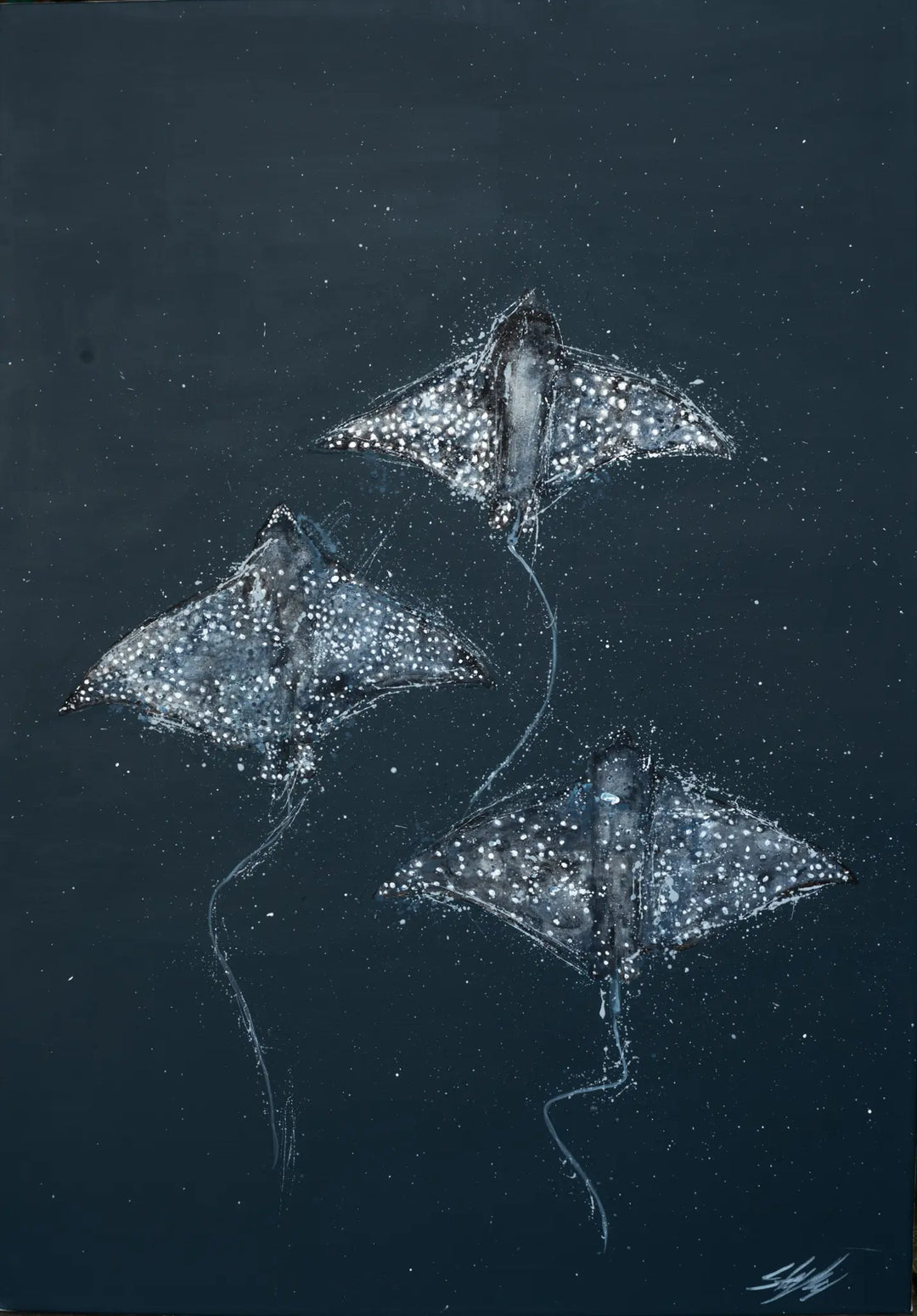 Light Years Away – Original acrylic artwork of eagle rays gliding through deep blue water with flowing movement and layered detail.