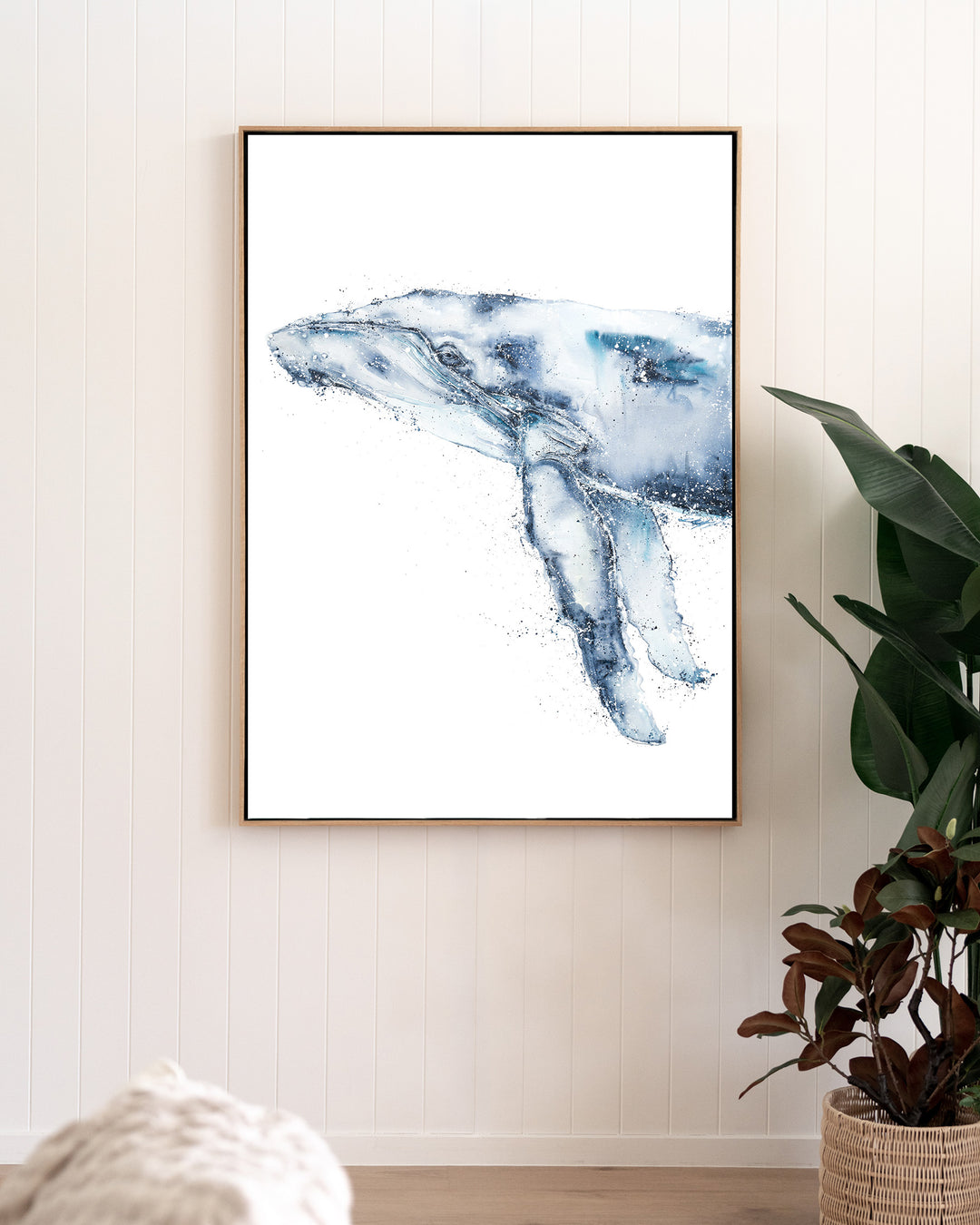 Locking Eyes – humpback whale, framed canvas in oak float frame, styled in a living room