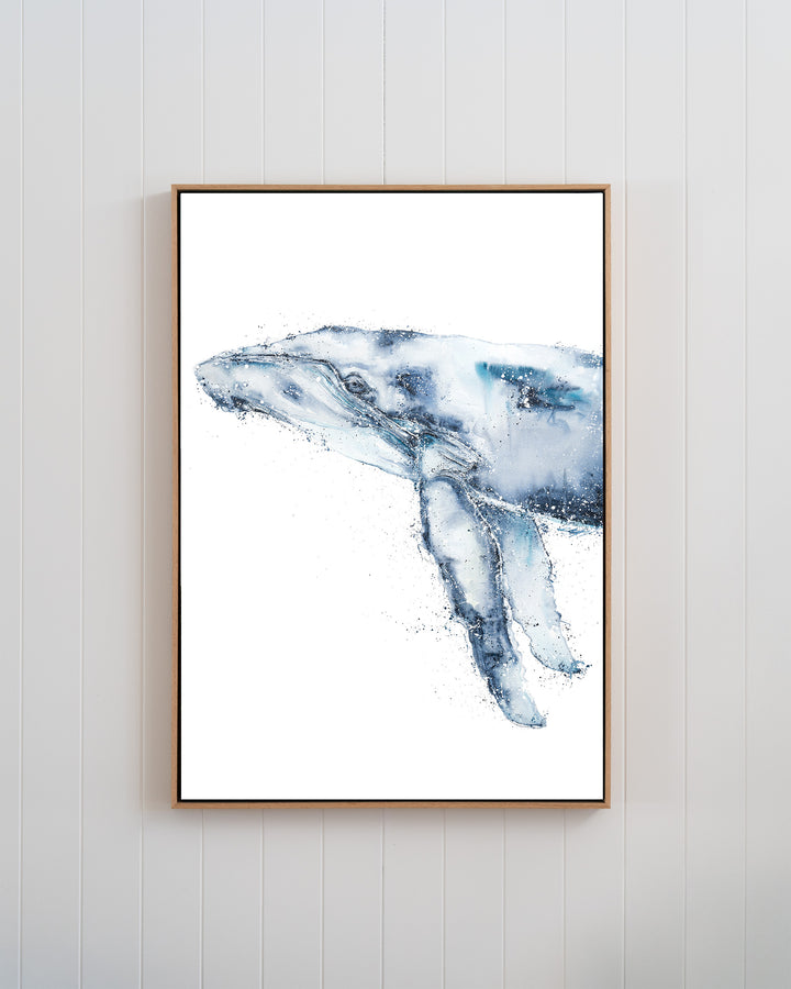 Locking Eyes – humpback whale, framed canvas in oak float frame