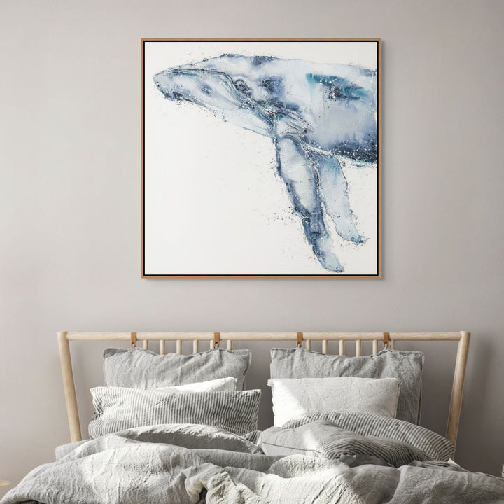 Locking Eyes whale artwork by Stephanie Elizabeth – square framed watercolour and acrylic painting on canvas 2