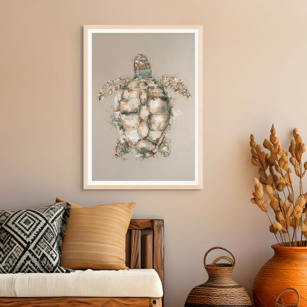 Loggerhead by Stephanie Elizabeth – framed paper print of full-body beige turtle, top-down view, fine art marine life print