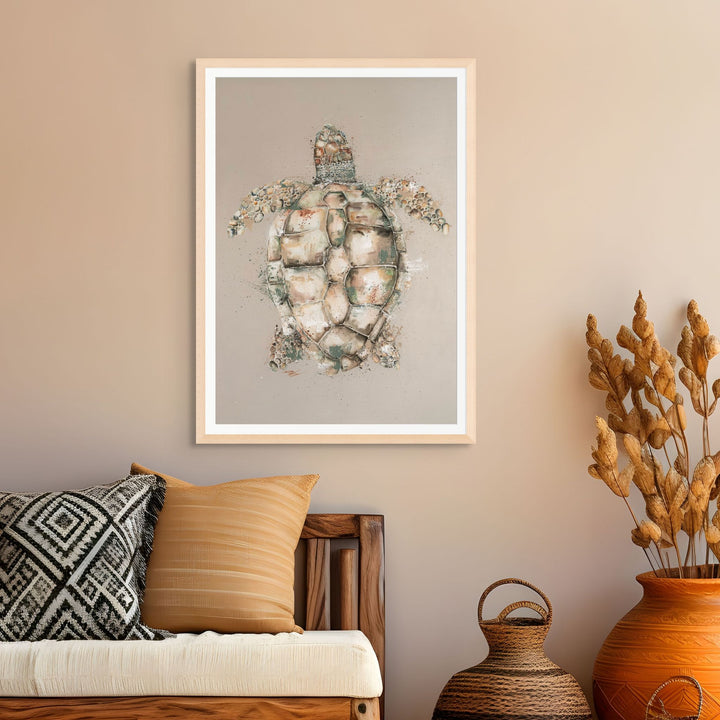 Loggerhead by Stephanie Elizabeth – framed paper print of full-body beige turtle, top-down view, fine art marine life print