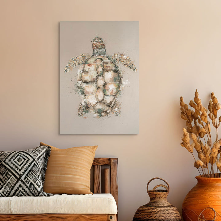 Loggerhead by Stephanie Elizabeth – stretched canvas print of full-body turtle from above, marine life fine art print