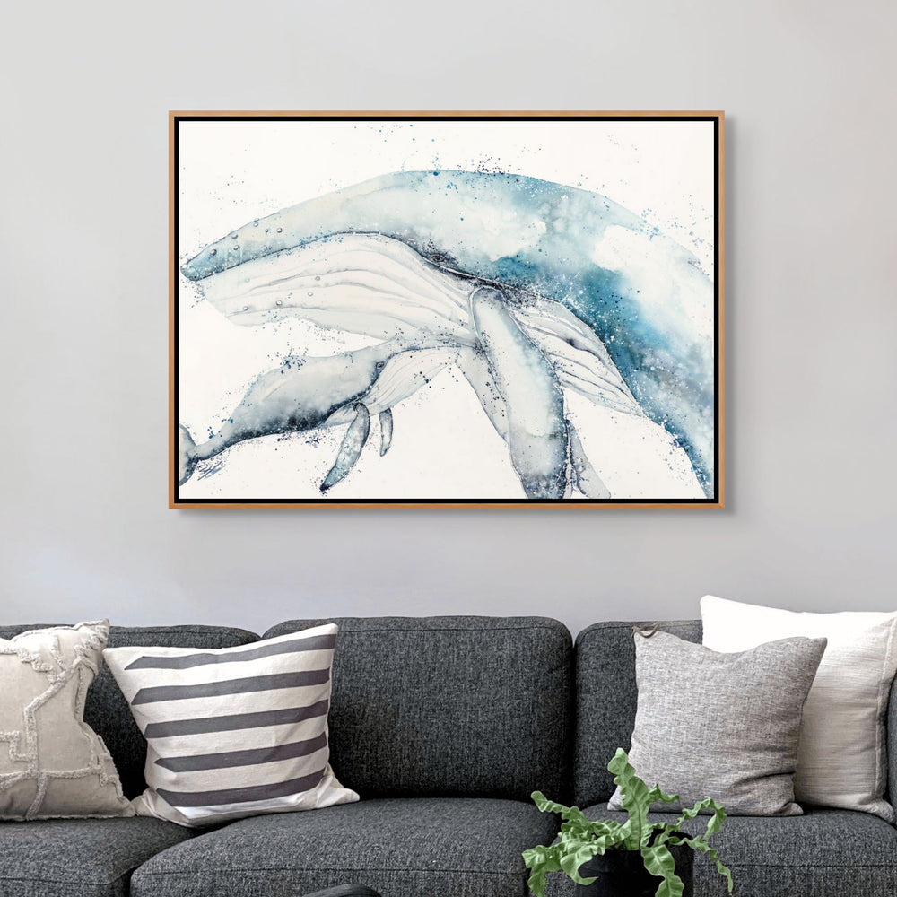 Long Days, Short Years by Stephanie Elizabeth – shadow box canvas print of whale mother and calf swimming, ocean fine art artwork