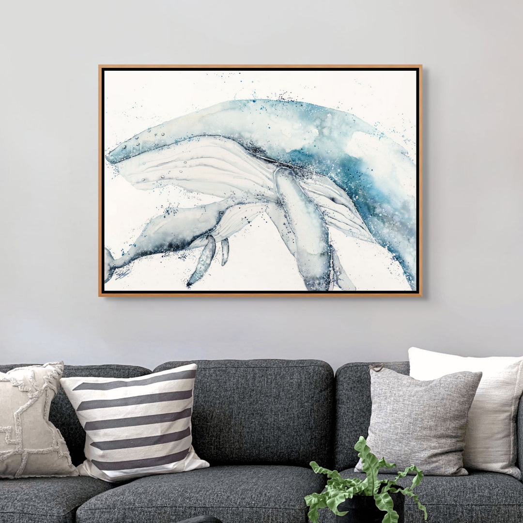 Long Days, Short Years by Stephanie Elizabeth – shadow box canvas print of whale mother and calf swimming, ocean fine art artwork