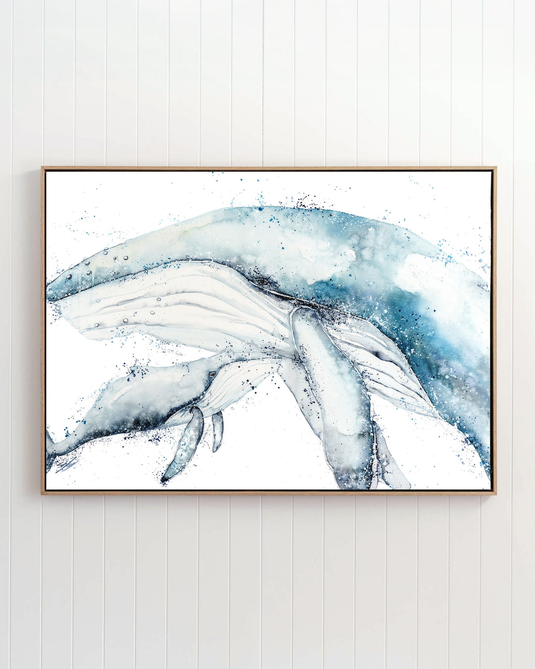 Long Days, Short Years – humpback whale mother and calf, framed canvas in oak float frame