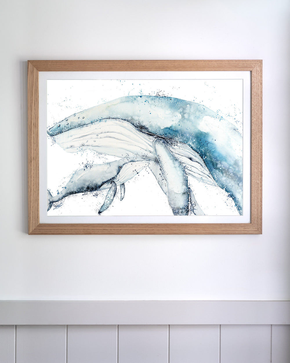 Long Days, Short Years – humpback whale mother and calf, framed paper print in oak frame