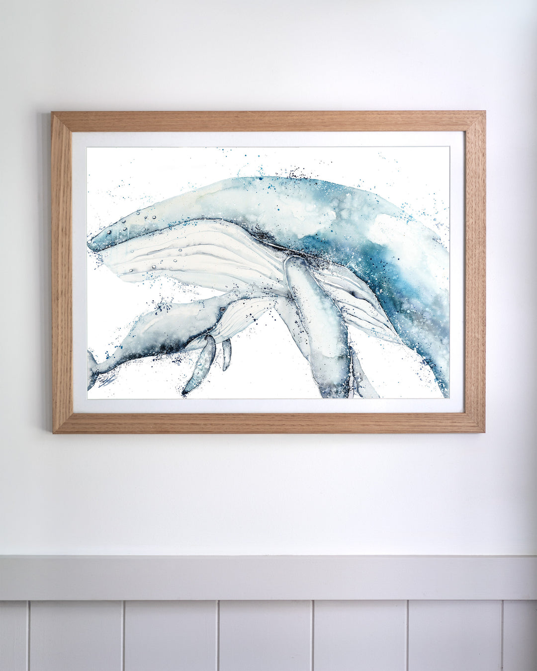 Long Days, Short Years – humpback whale mother and calf, framed paper print in oak frame