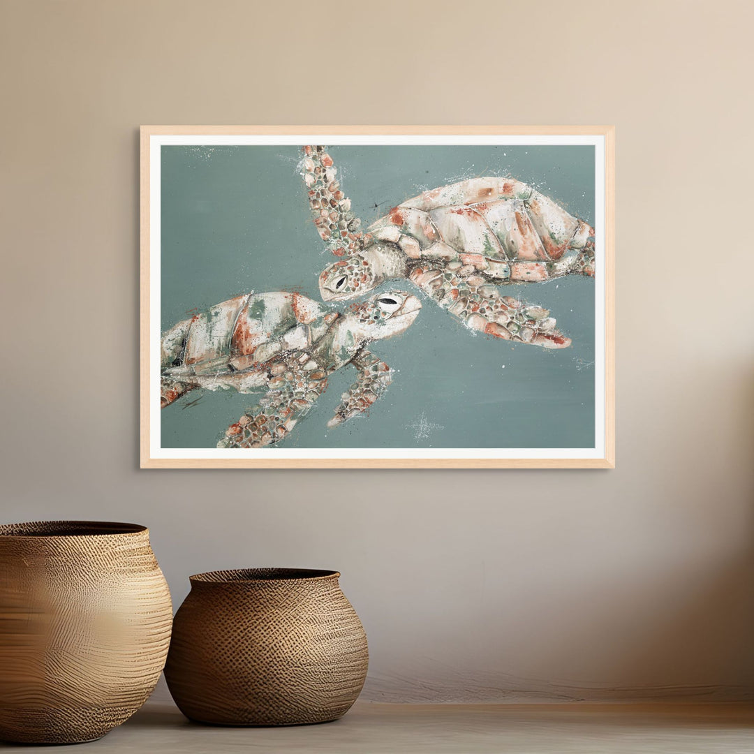 Look At Us Now by Stephanie Elizabeth – framed paper print of two turtles swimming toward each other on a green-blue background, fine art marine life print