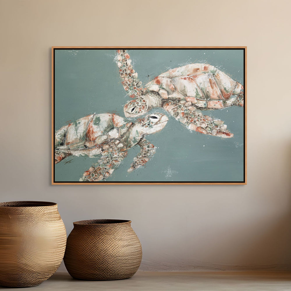 Look At Us Now by Stephanie Elizabeth – shadow box canvas print featuring two turtles meeting in the water, ocean-inspired fine art artwork
