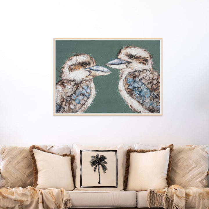 Love Me Now – kookaburra artwork in white mat and light oak frame styled above sofa | Framed Paper Print