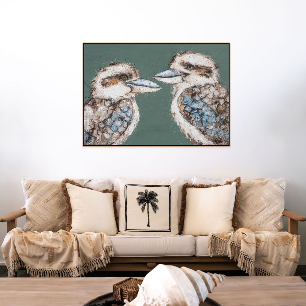 Love Me Now – kookaburra artwork in light oak shadow box frame styled above sofa | Shadow Box Canvas Print