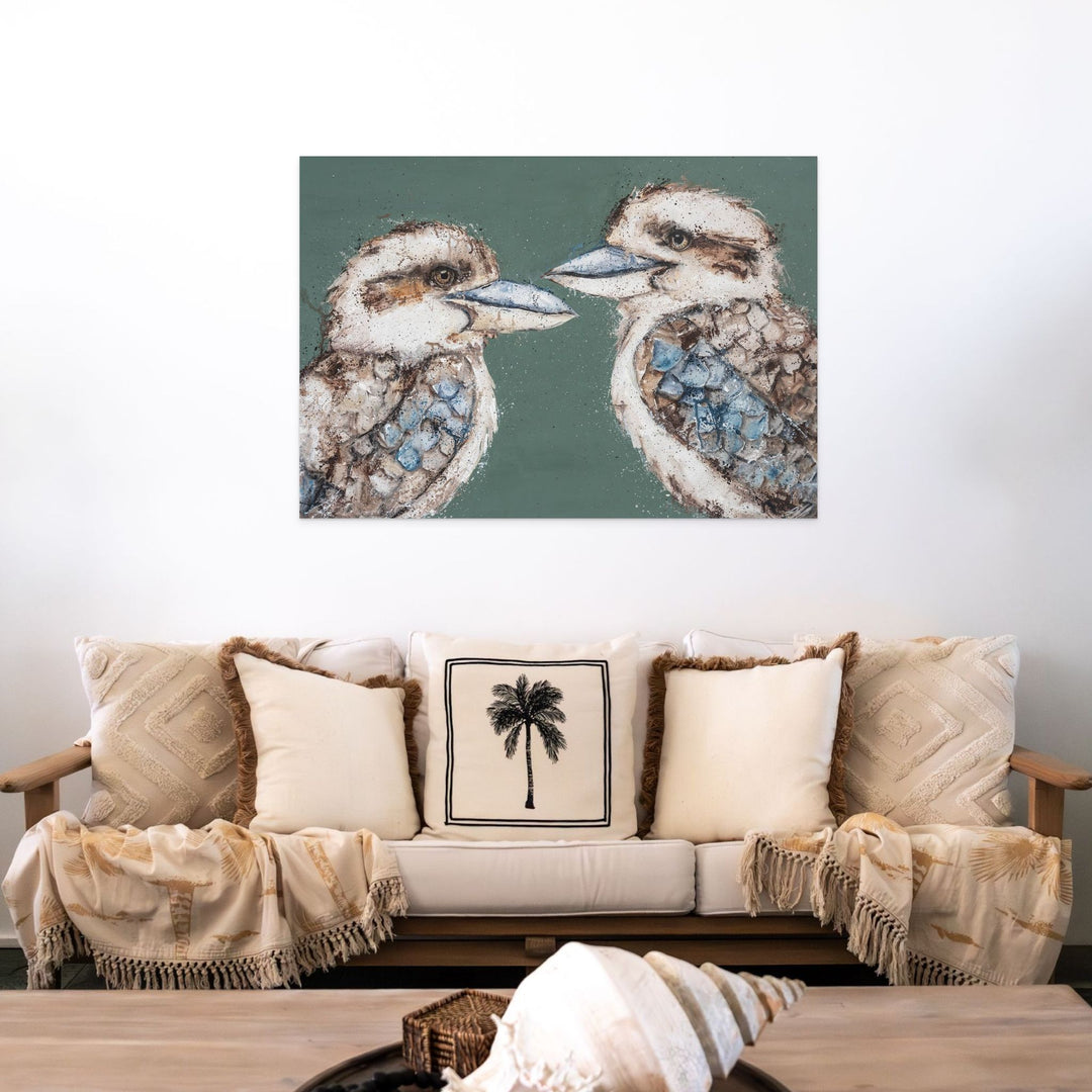 Love Me Now – kookaburra artwork as stretched canvas styled above sofa | Stretched Canvas Print