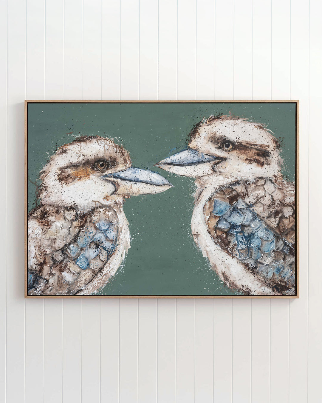 Love Me Now – kookaburras, framed canvas in oak float frame