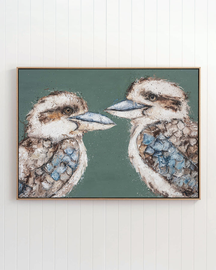 Love Me Now – kookaburras, framed canvas in oak float frame