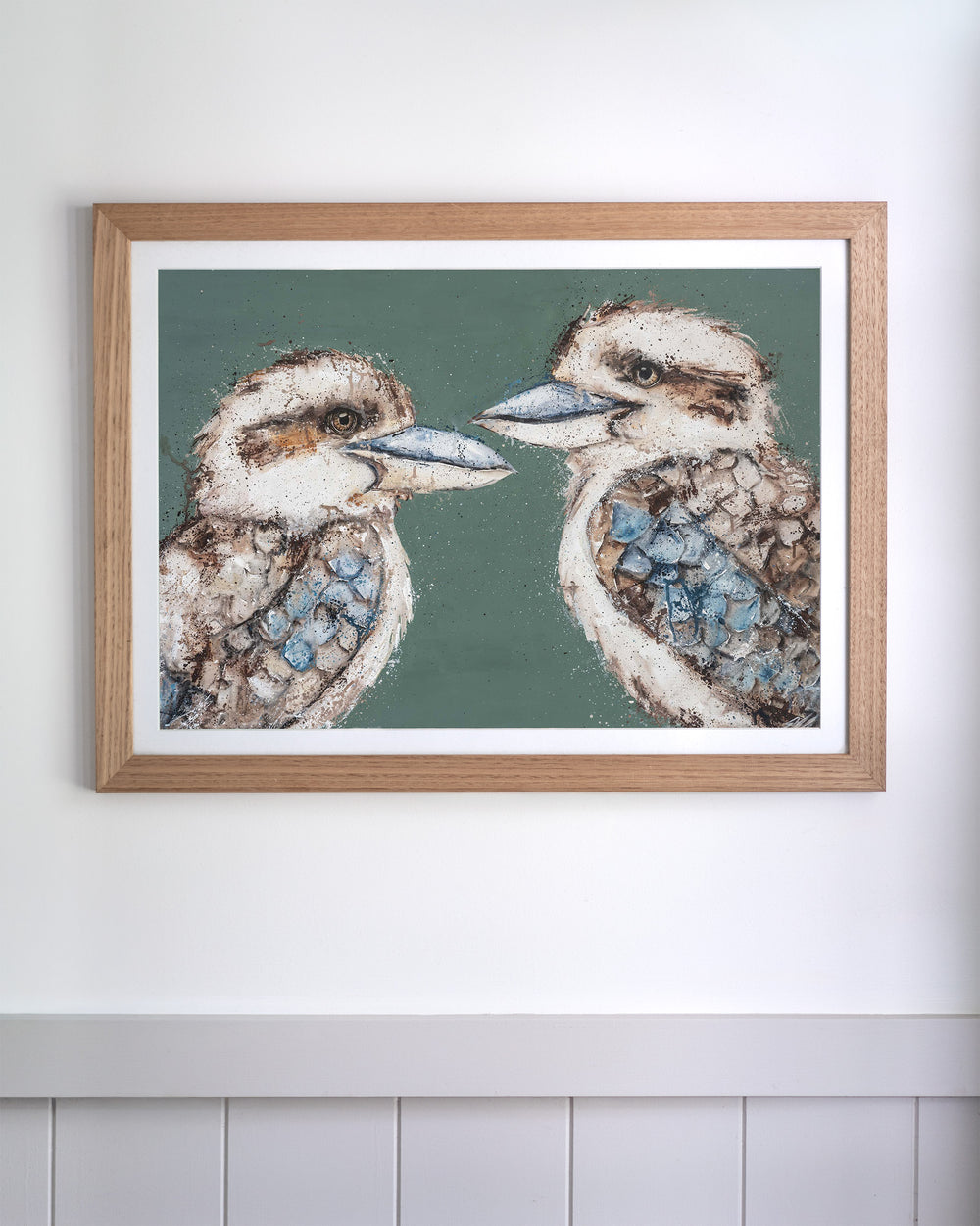Love Me Now – kookaburras, framed paper print in oak frame
