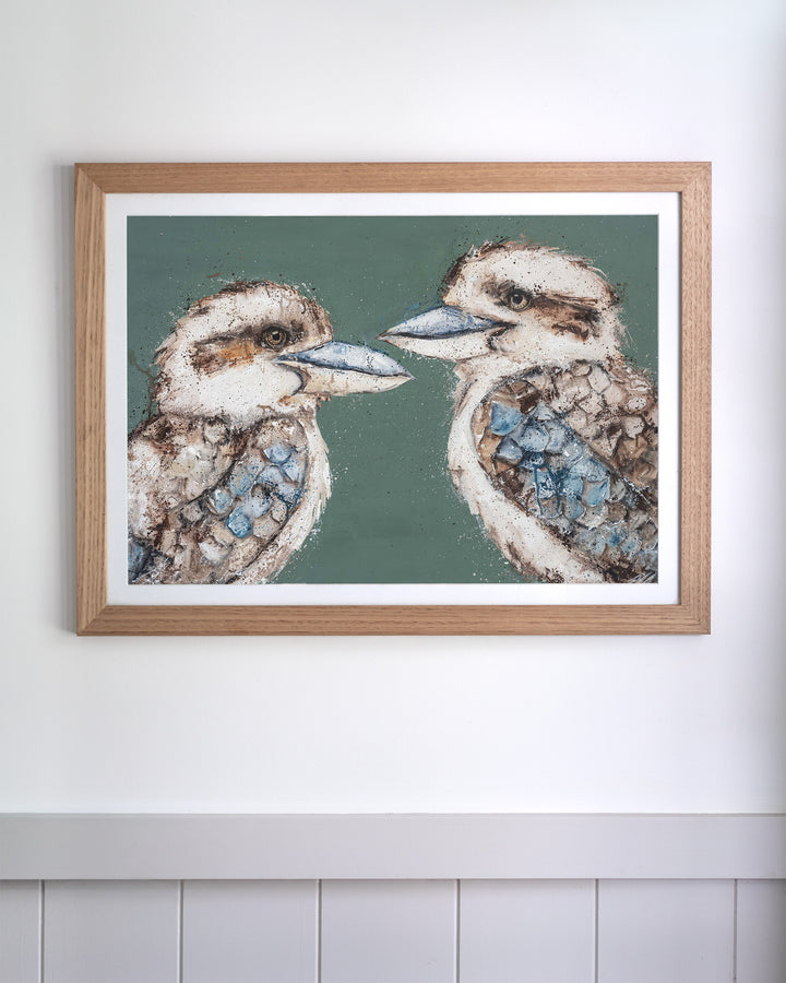 Love Me Now – kookaburras, framed paper print in oak frame