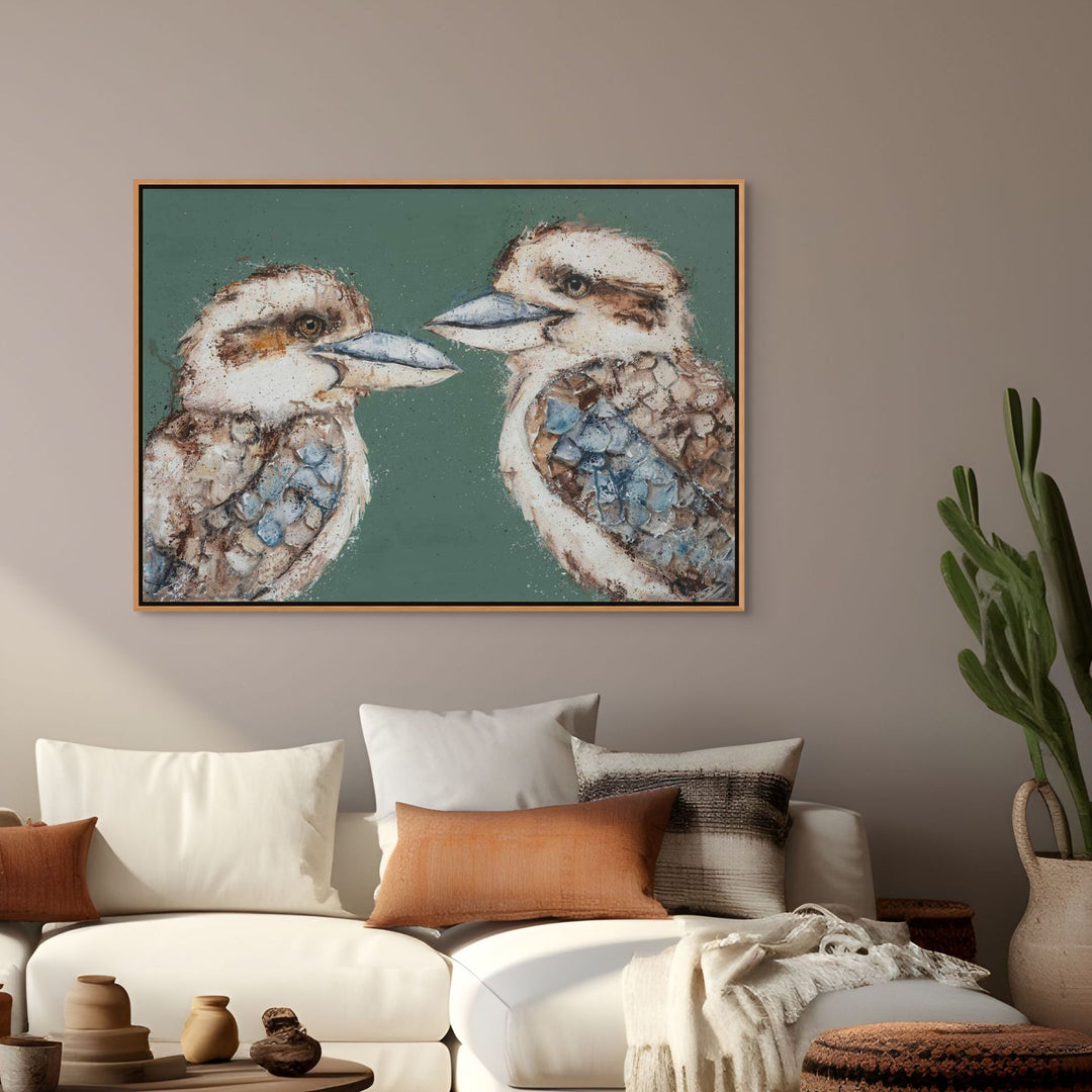 Love Me Now – Original acrylic painting on canvas of two kookaburras facing each other in a landscape with soft natural colours | Framed Canvas Original