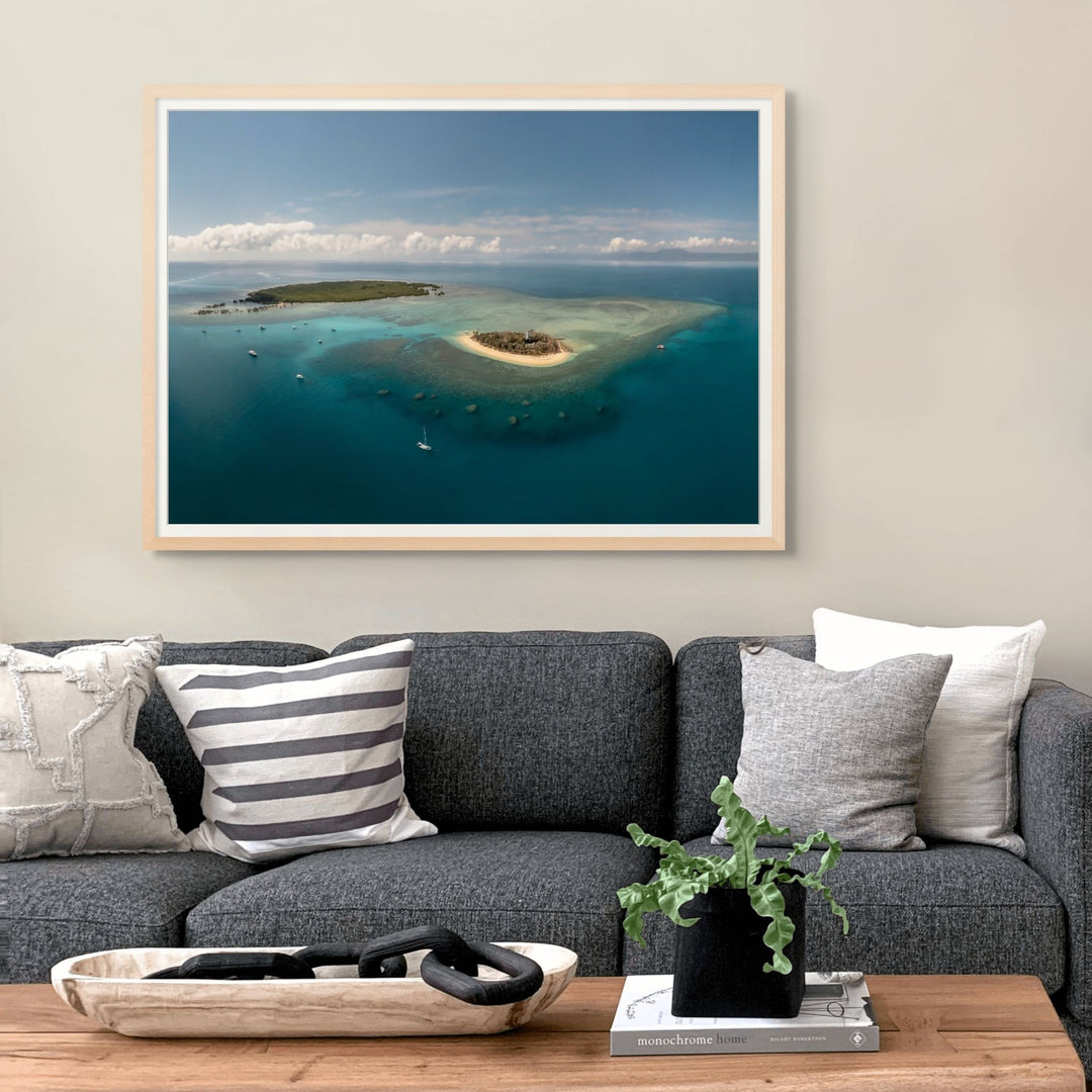 Low Isles Glass Out – Aerial view over Low Isles with vibrant turquoise reef waters on a calm, glassy day | Framed Paper Print