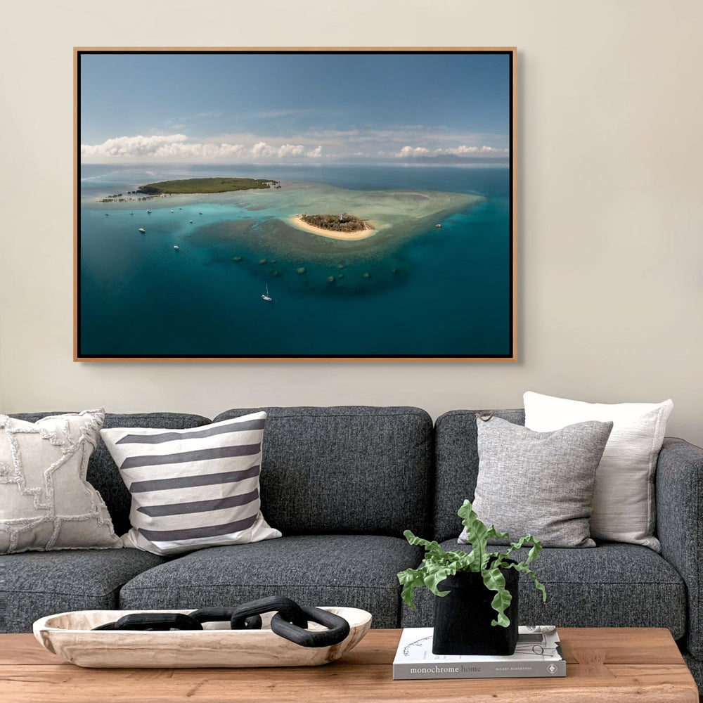 Low Isles Glass Out – Aerial view over Low Isles with vibrant turquoise reef waters on a calm, glassy day | Shadow Box Canvas Print