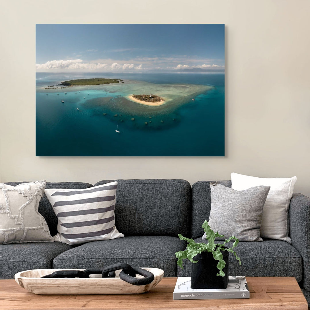 Low Isles Glass Out – Aerial view over Low Isles with vibrant turquoise reef waters on a calm, glassy day | Stretched Canvas Print