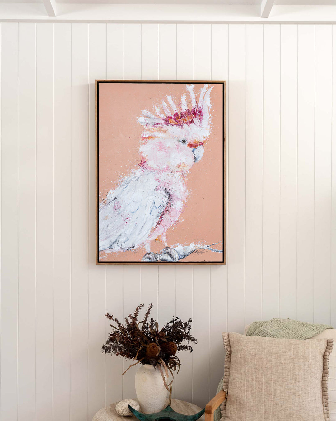 Major Milestone – Major Mitchell cockatoo, framed canvas in oak float frame, styled in a bedroom