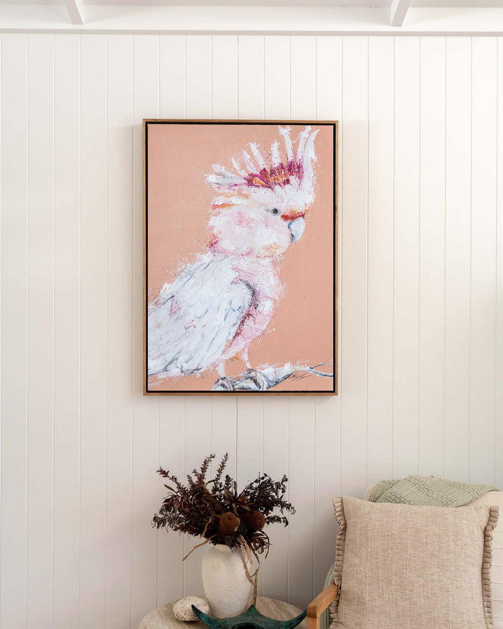 Major Milestone – Major Mitchell cockatoo, framed canvas in oak float frame, styled in a bedroom