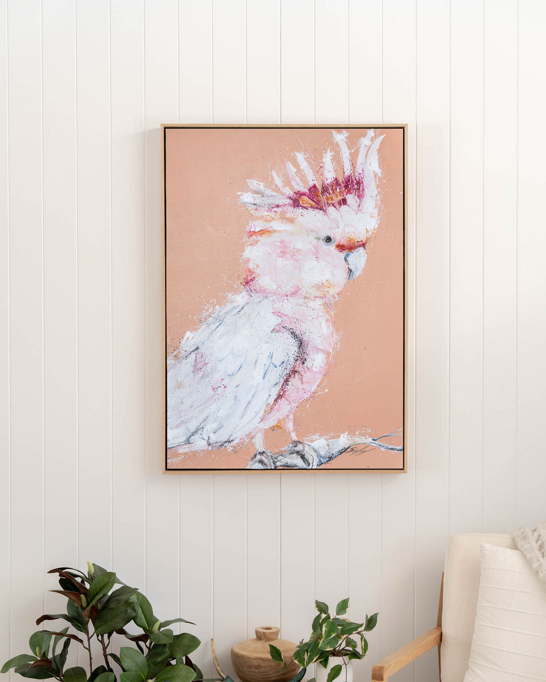 Major Milestone – Major Mitchell cockatoo, framed canvas in oak float frame, styled in a hallway