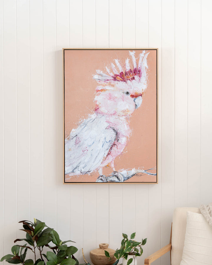 Major Milestone – Major Mitchell cockatoo, framed canvas in oak float frame, styled in a hallway