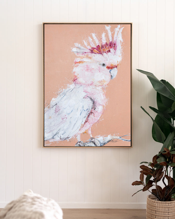 Major Milestone – Major Mitchell cockatoo, framed canvas in oak float frame, styled in a living room