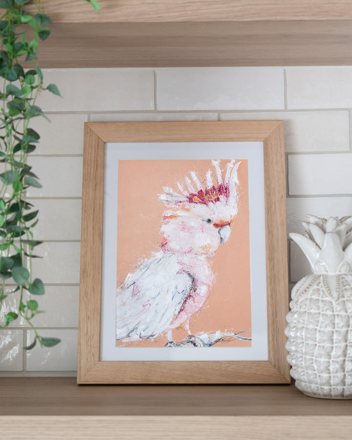 Major Milestone – Major Mitchell cockatoo, framed paper print in oak frame, styled on a kitchen shelf