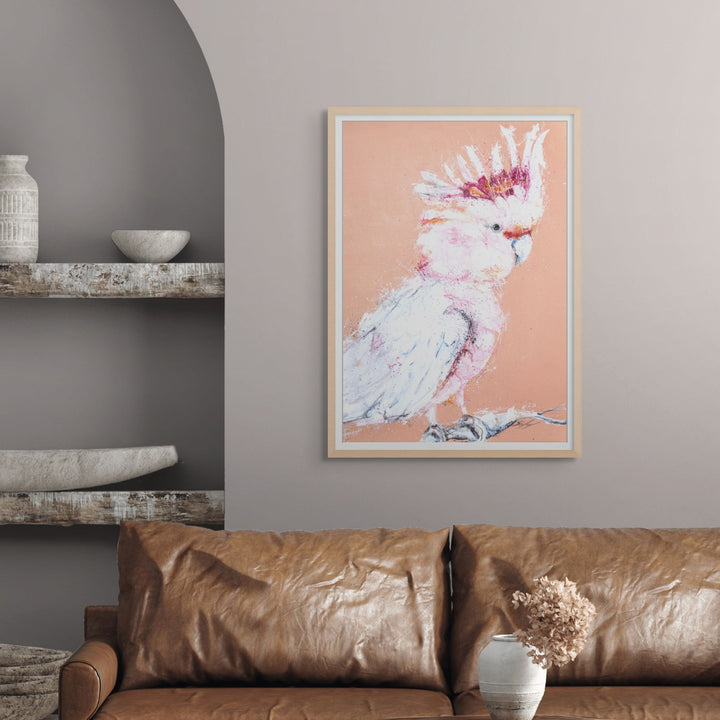 Major Milestone by Stephanie Elizabeth – framed paper print of elegant a Major Mitchel - Pink Galah with an orange background
