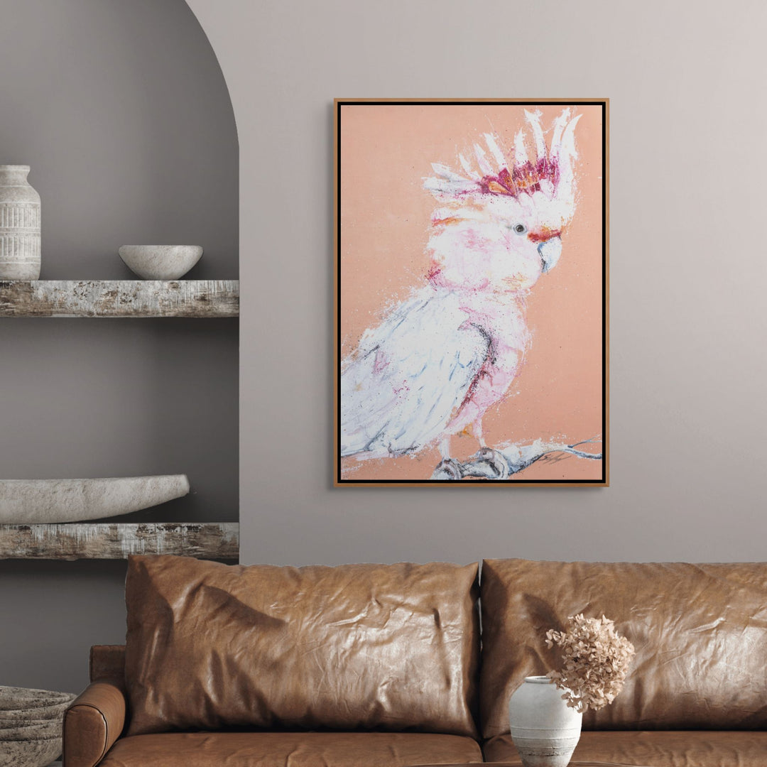 Major Milestone by Stephanie Elizabeth – shadow box canvas print of a Major Mitchel - Pink Galah with an orange background