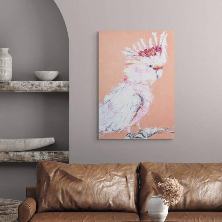 Major Milestone by Stephanie Elizabeth – stretched canvas print of a Major Mitchel - Pink Galah with an orange background