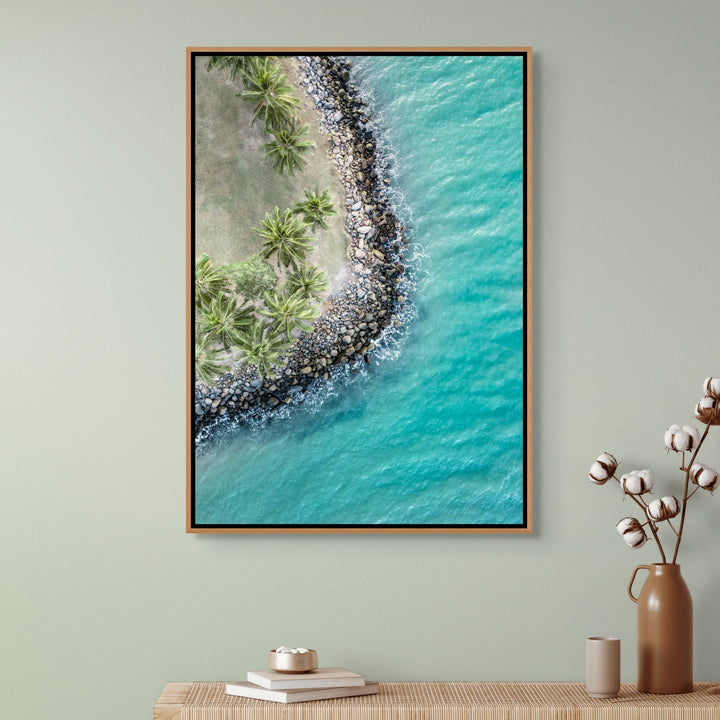 Meet Me Under The Palms – Aerial view of palm trees lining Four Mile Beach in Port Douglas, with turquoise ocean and soft waves | Shadow Box Canvas Print