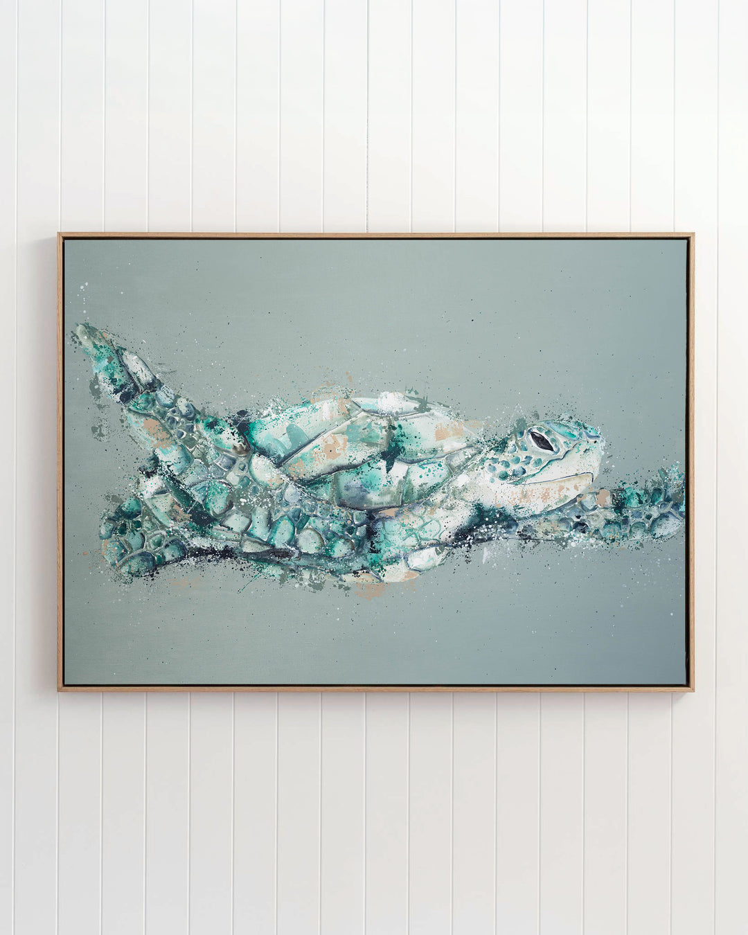 Message in a Bottle green sea turtle fine art print by Stephanie Elizabeth, framed canvas in an oak frame